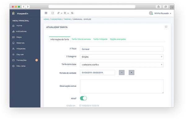 Tarifário do software para hotel